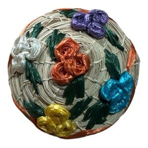 Colorful Vintage Woven Straw Basket with Floral Accents